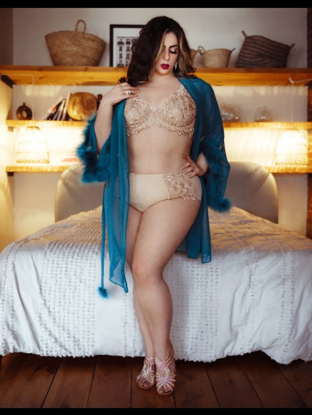Dita Von Teese Lace Bra & High-Waist Brief Set in Nude